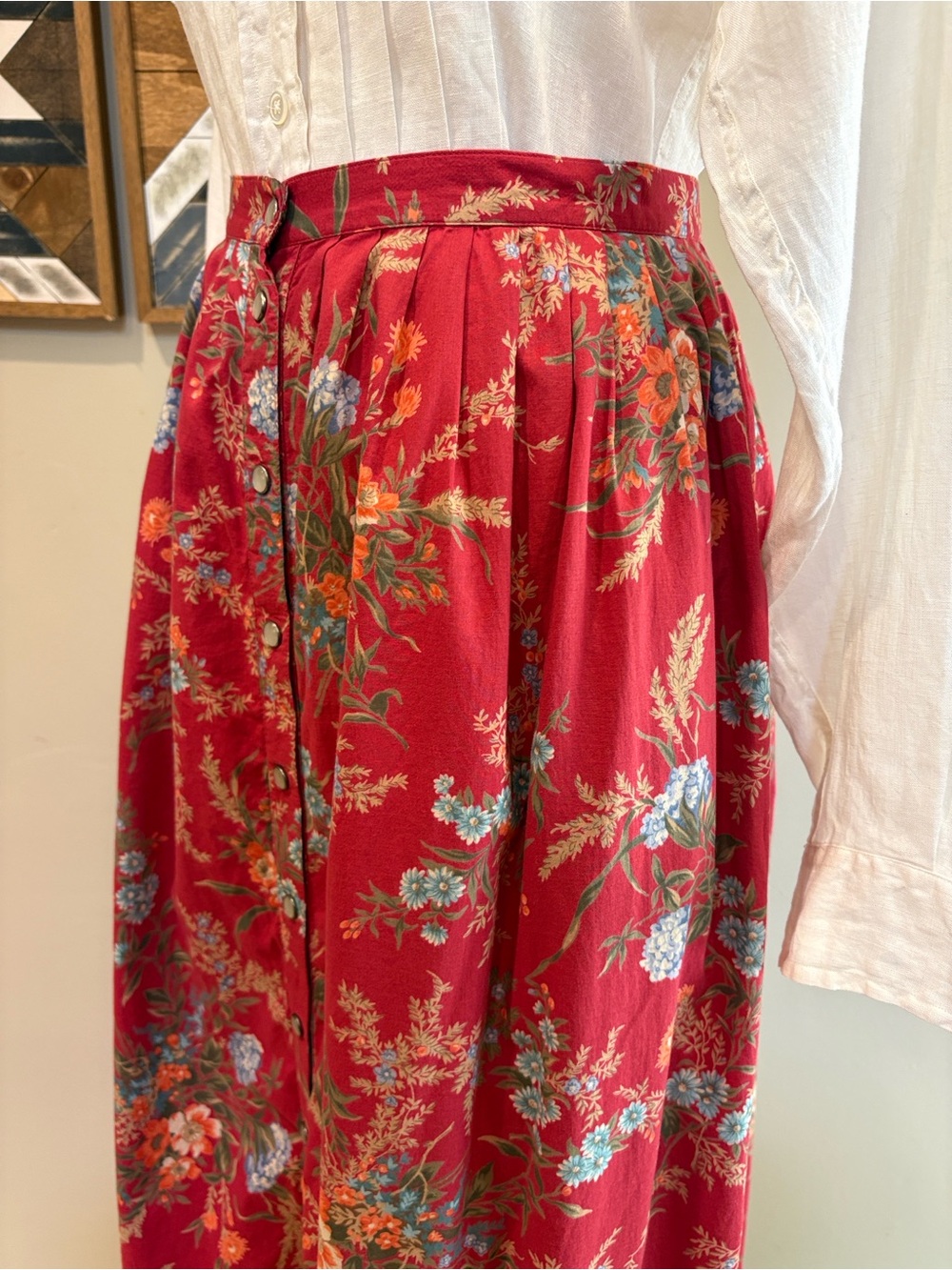 Vintage Lauren Ralph Lauren Red Cotton Floral Prairie Maxi Skirt sz Medium / 12 - Picture 6 of 12